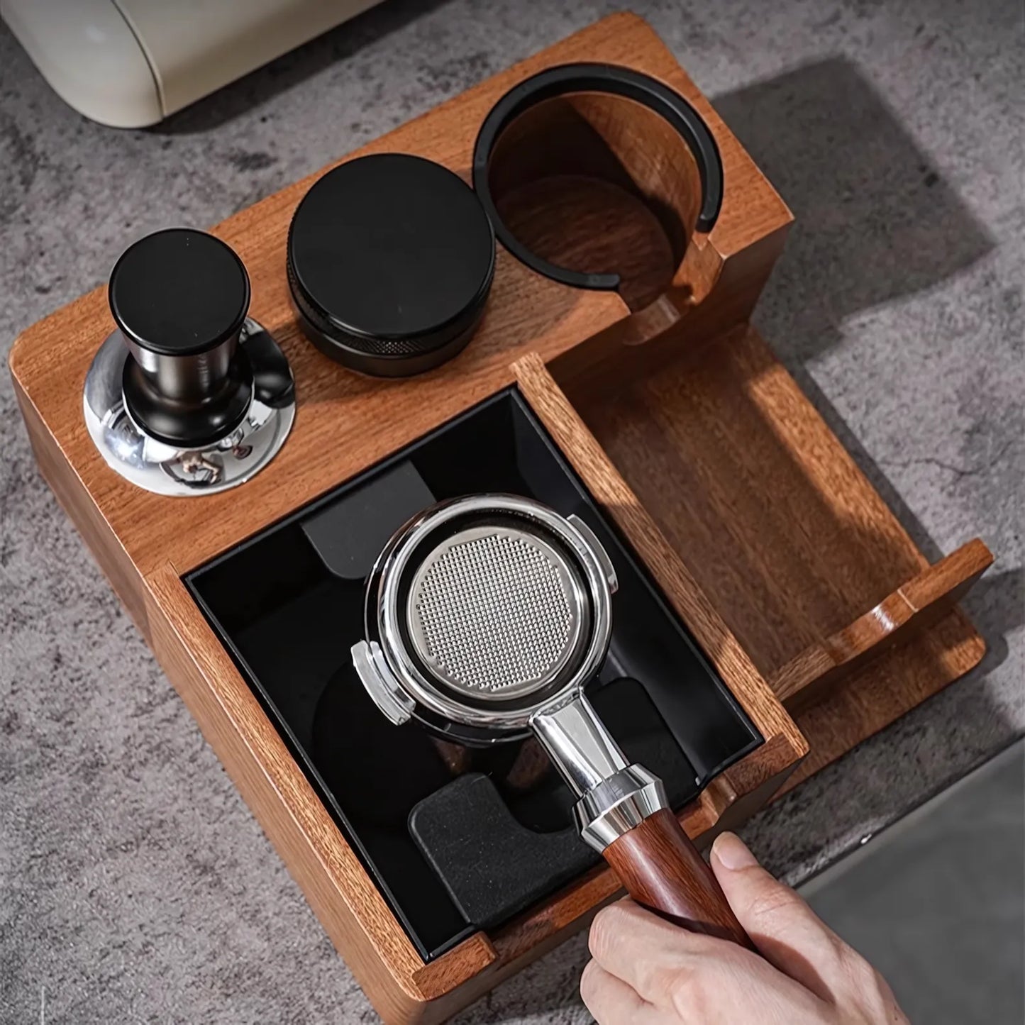 Multi-Function Wooden Espresso Tamping Station with Knock Box