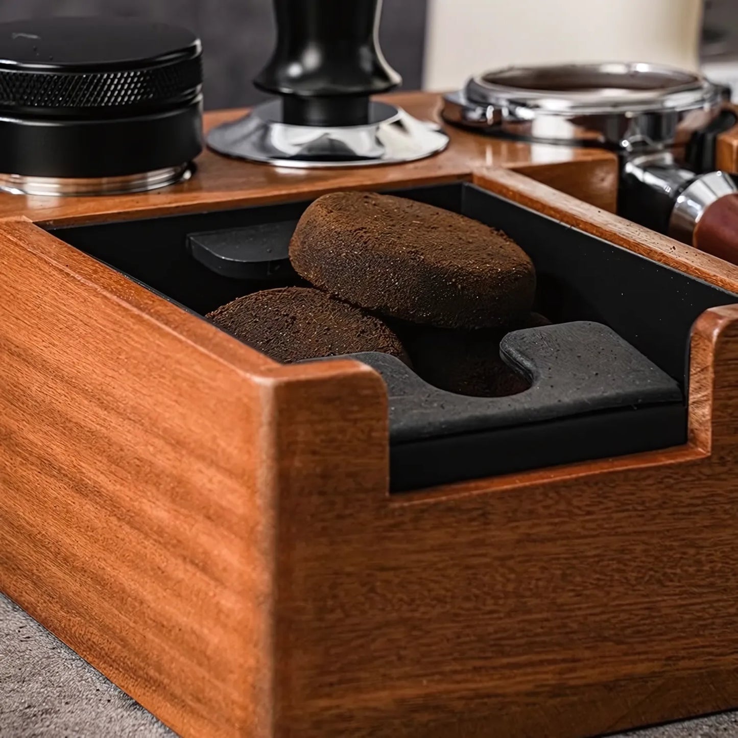 Multi-Function Wooden Espresso Tamping Station with Knock Box