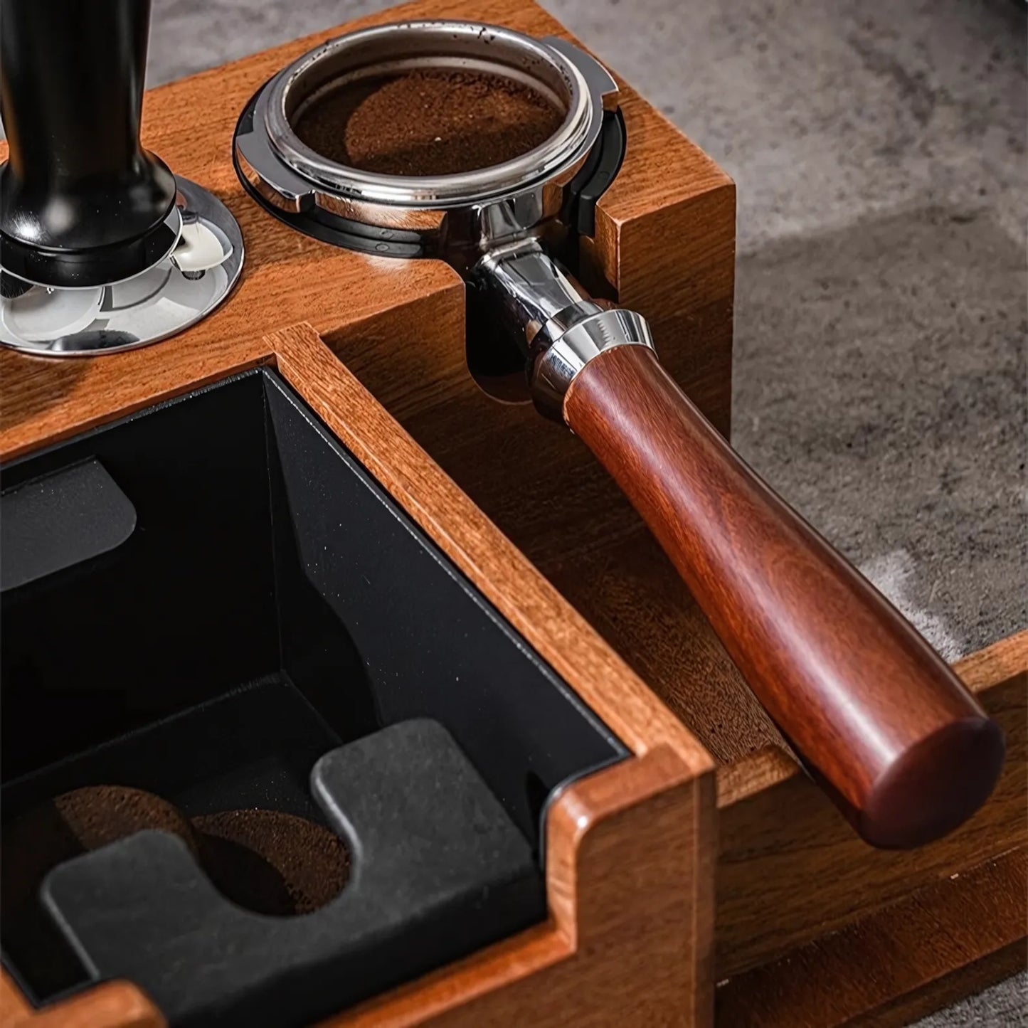 Multi-Function Wooden Espresso Tamping Station with Knock Box