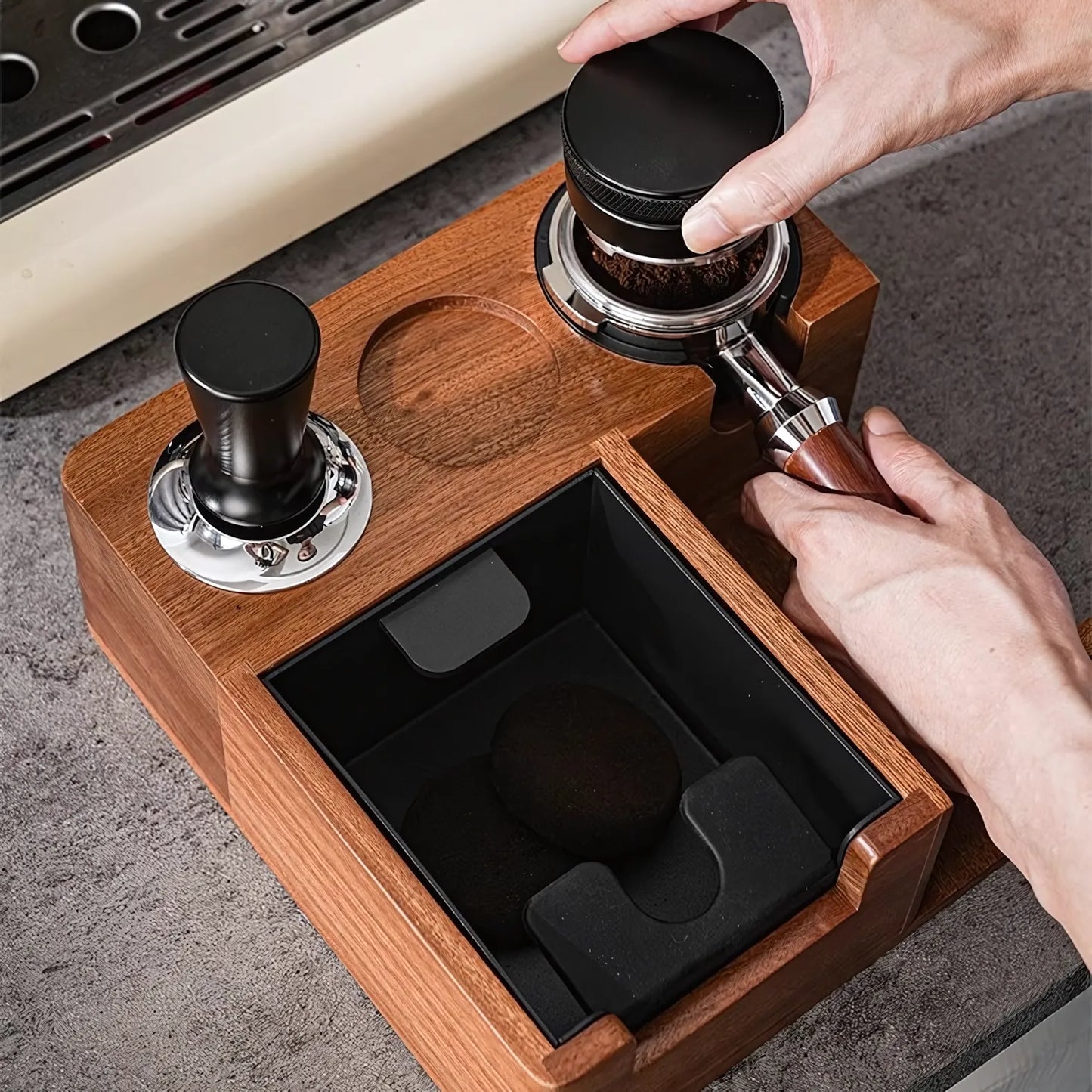 Multi-Function Wooden Espresso Tamping Station with Knock Box