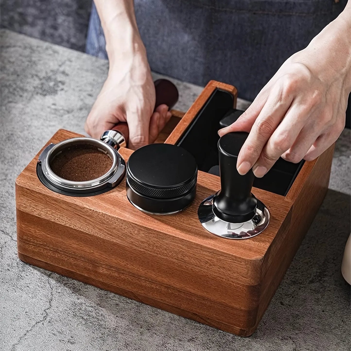 Multi-Function Wooden Espresso Tamping Station with Knock Box