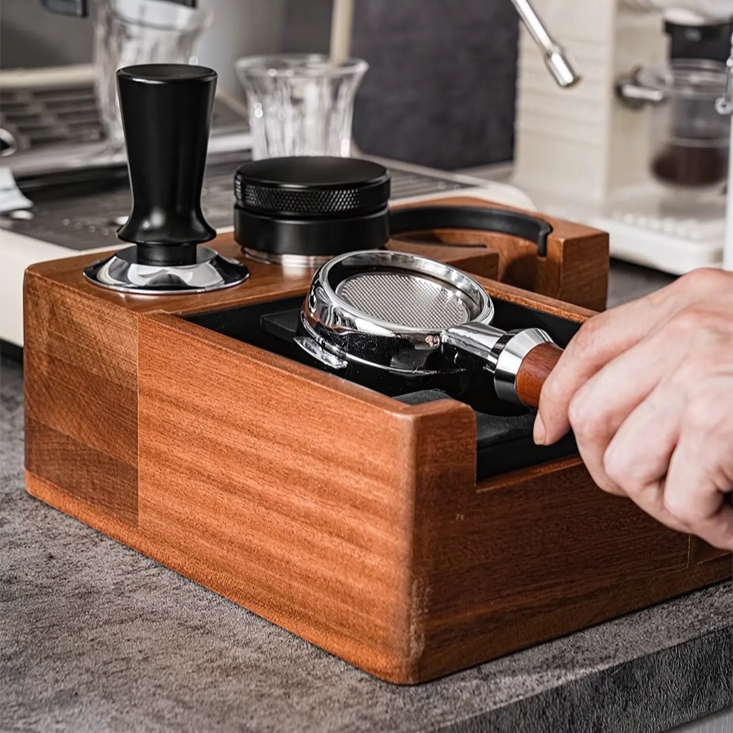 Multi-Function Wooden Espresso Tamping Station with Knock Box