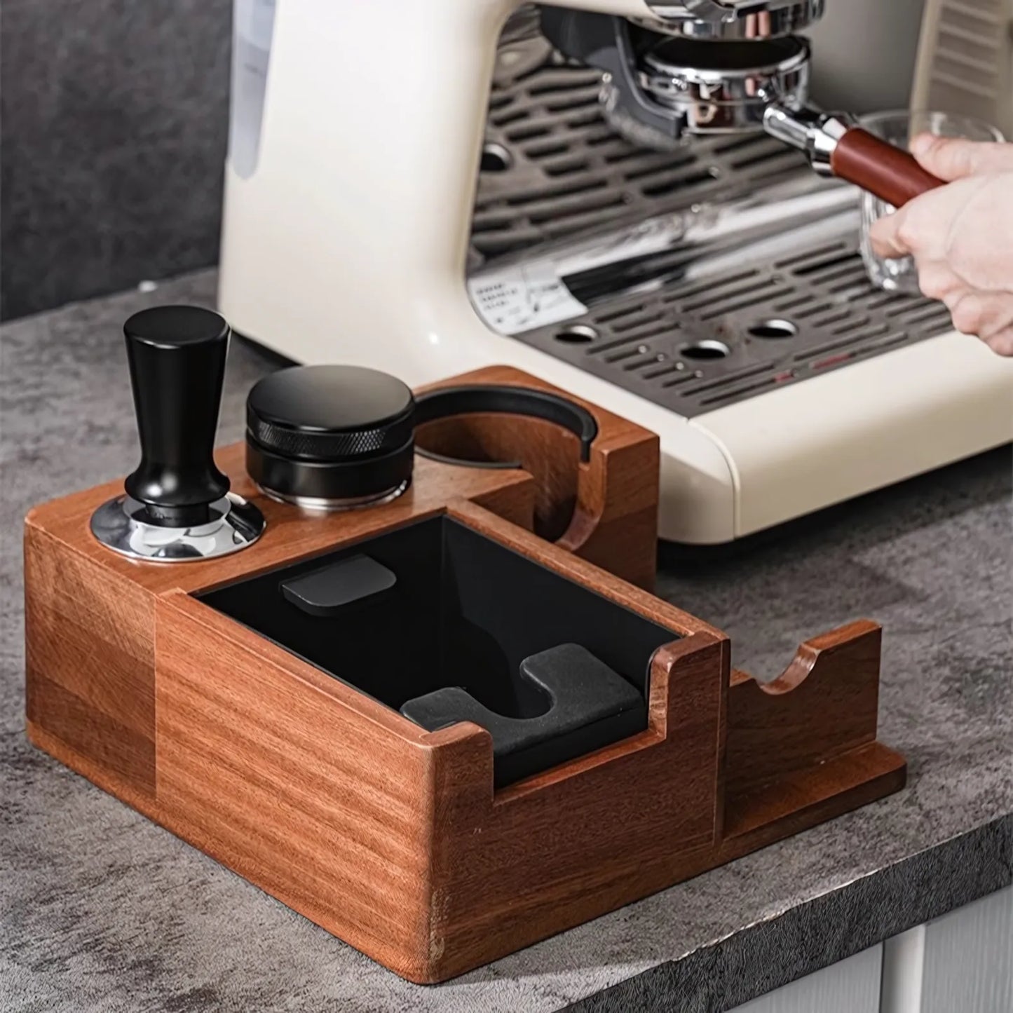 Multi-Function Wooden Espresso Tamping Station with Knock Box