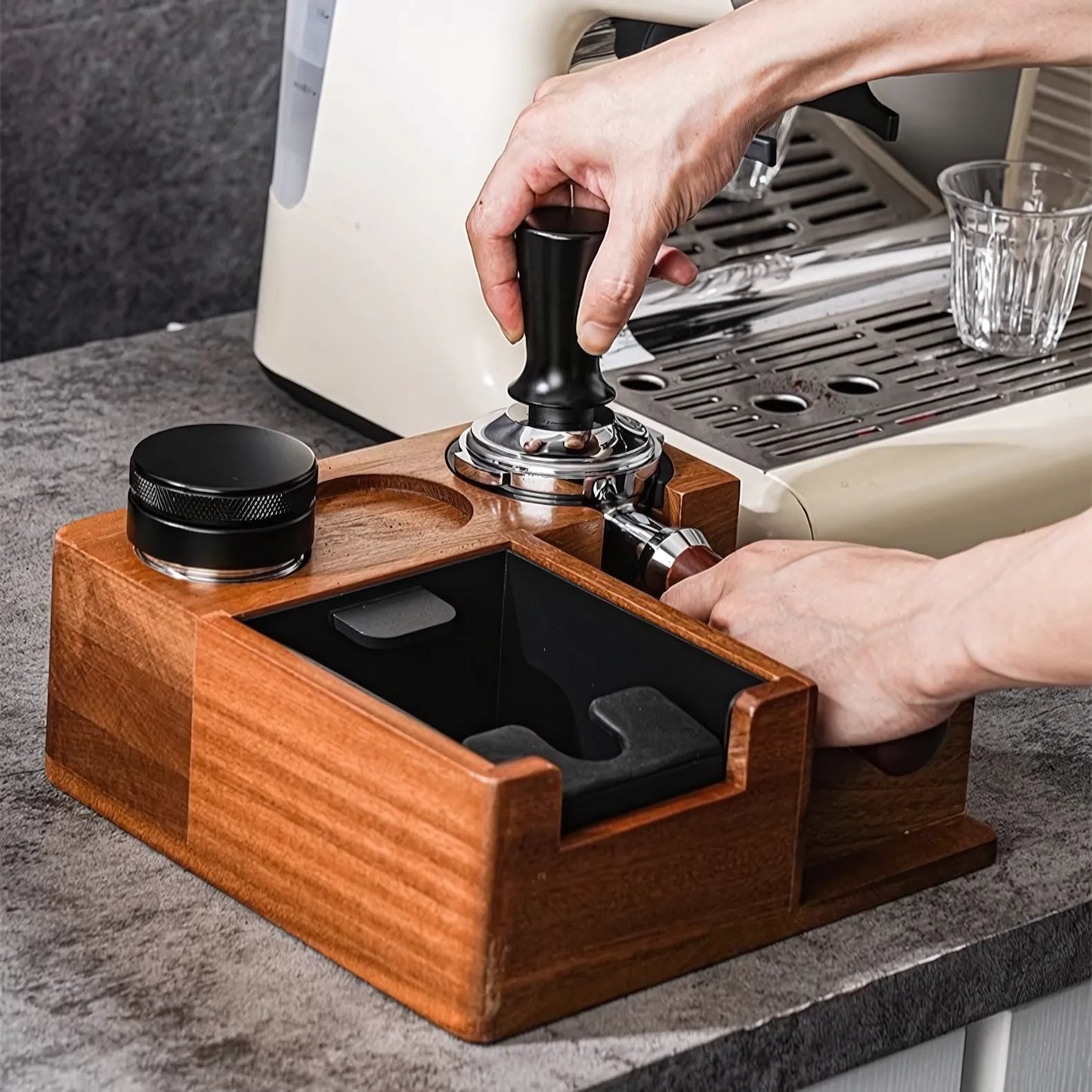 Multi-Function Wooden Espresso Tamping Station with Knock Box