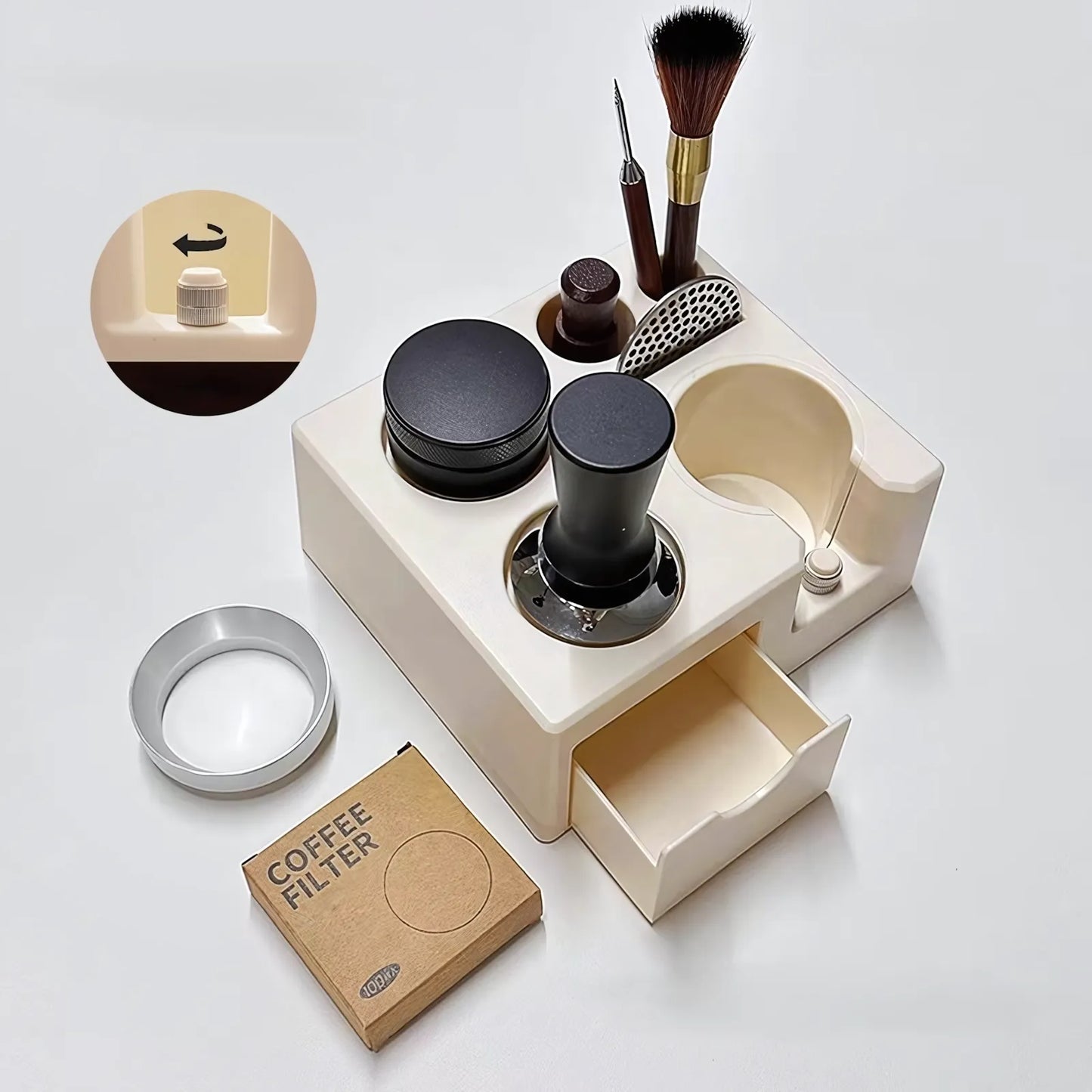 Multi-Function Espresso Tamping Station with Filter Drawer