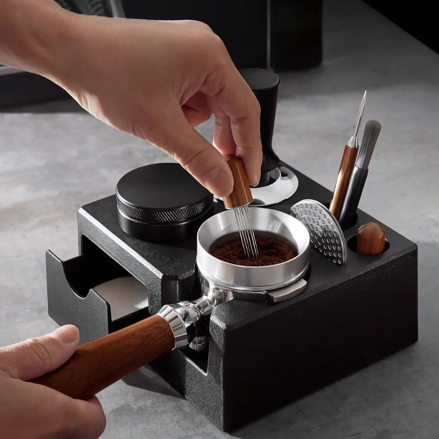 Multi-Function Espresso Tamping Station with Filter Drawer