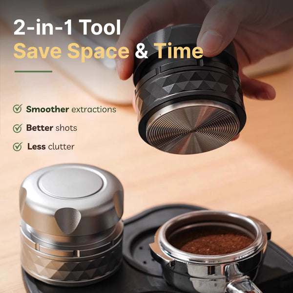 Two coffee brewing tools with text highlighting their benefits on a wooden surface.