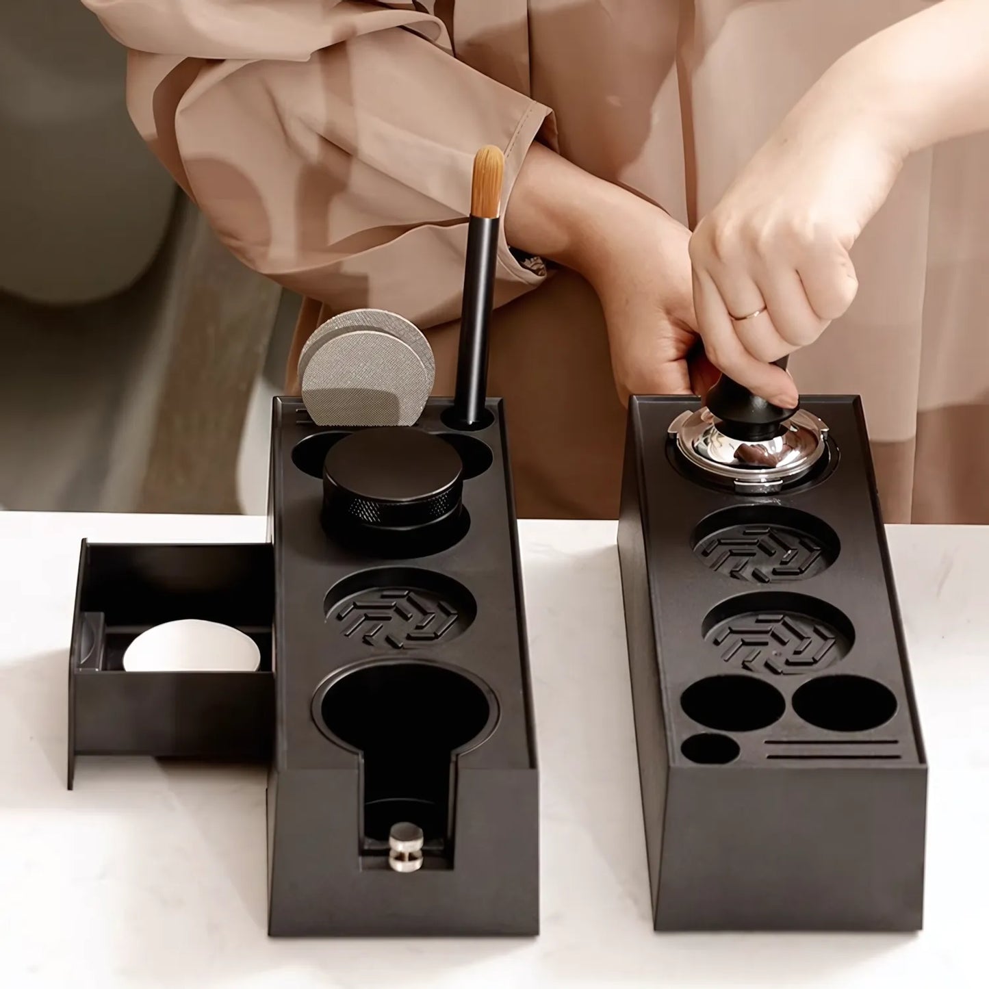 All-in-One Espresso Tamping Station with Storage Drawer