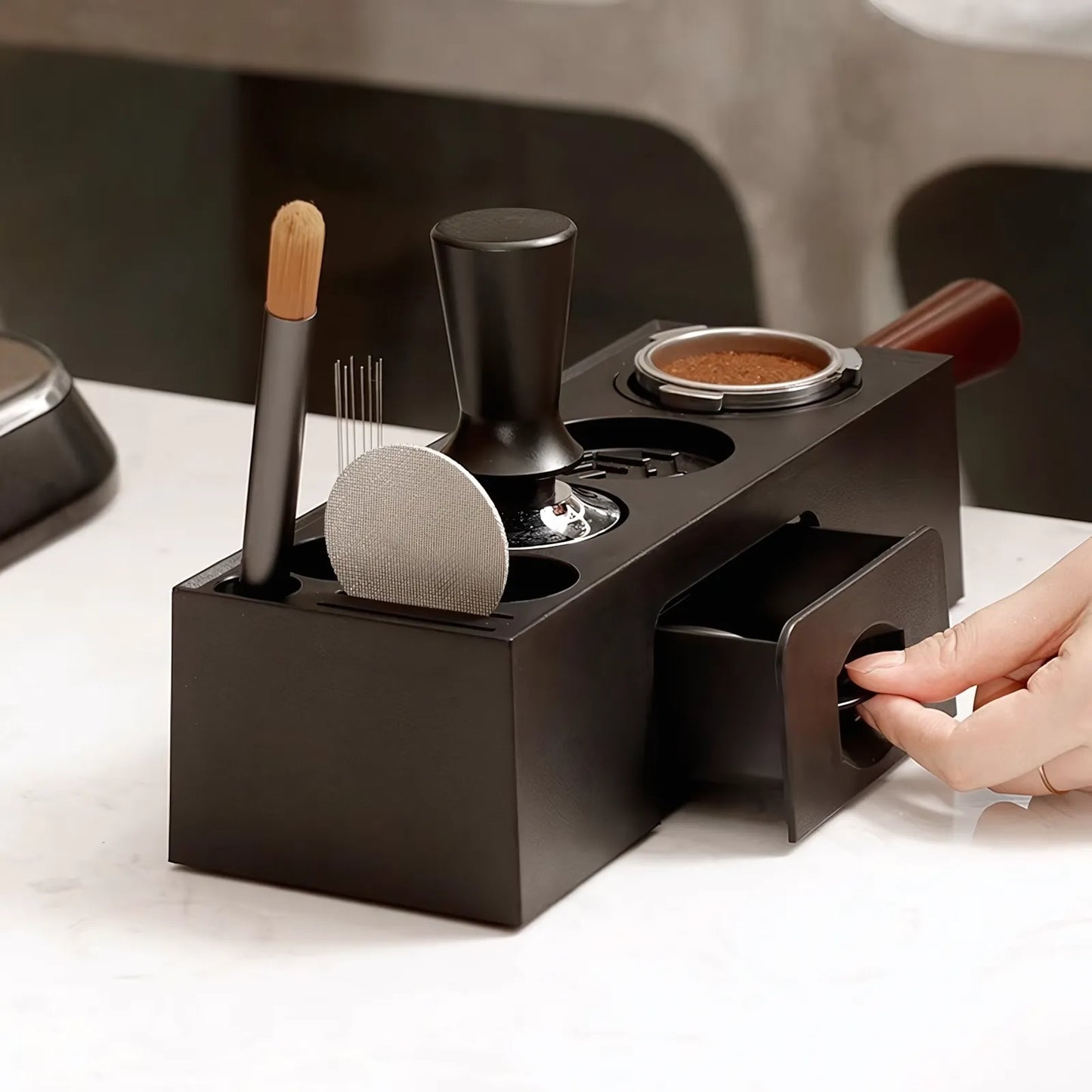 All-in-One Espresso Tamping Station with Storage Drawer
