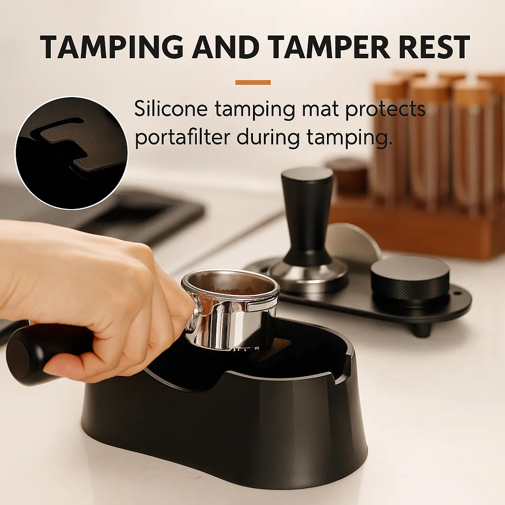 Compact Espresso Tamping Station with Knock Box