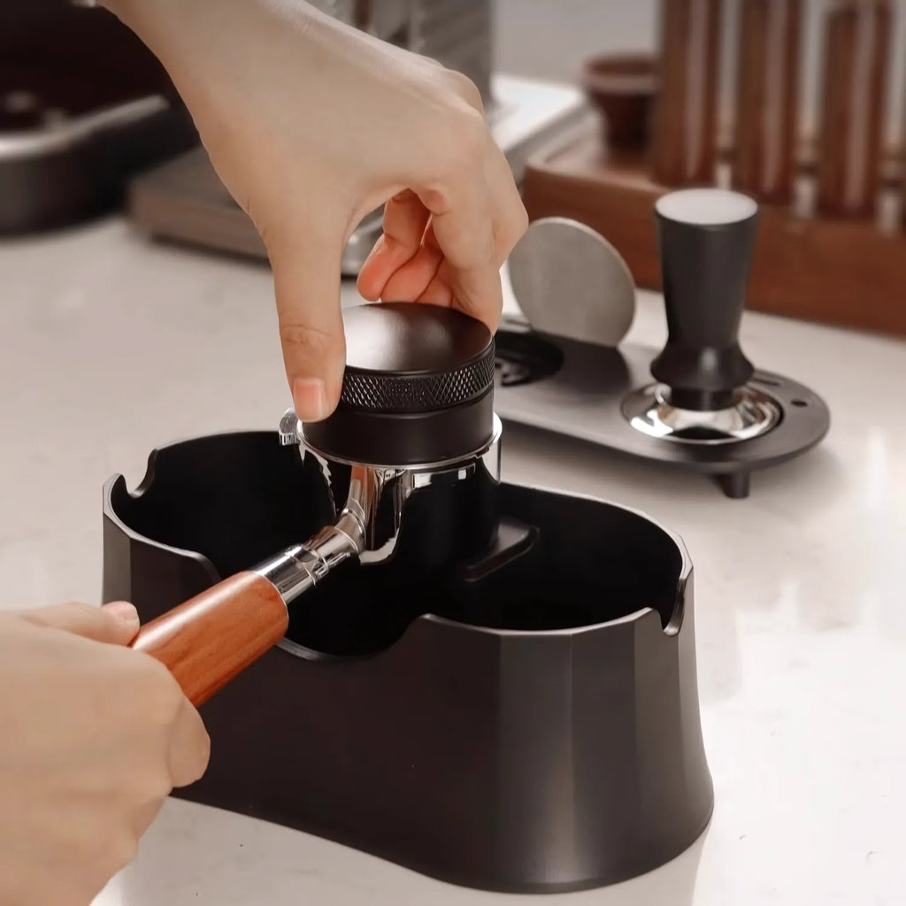 Compact Espresso Tamping Station with Knock Box