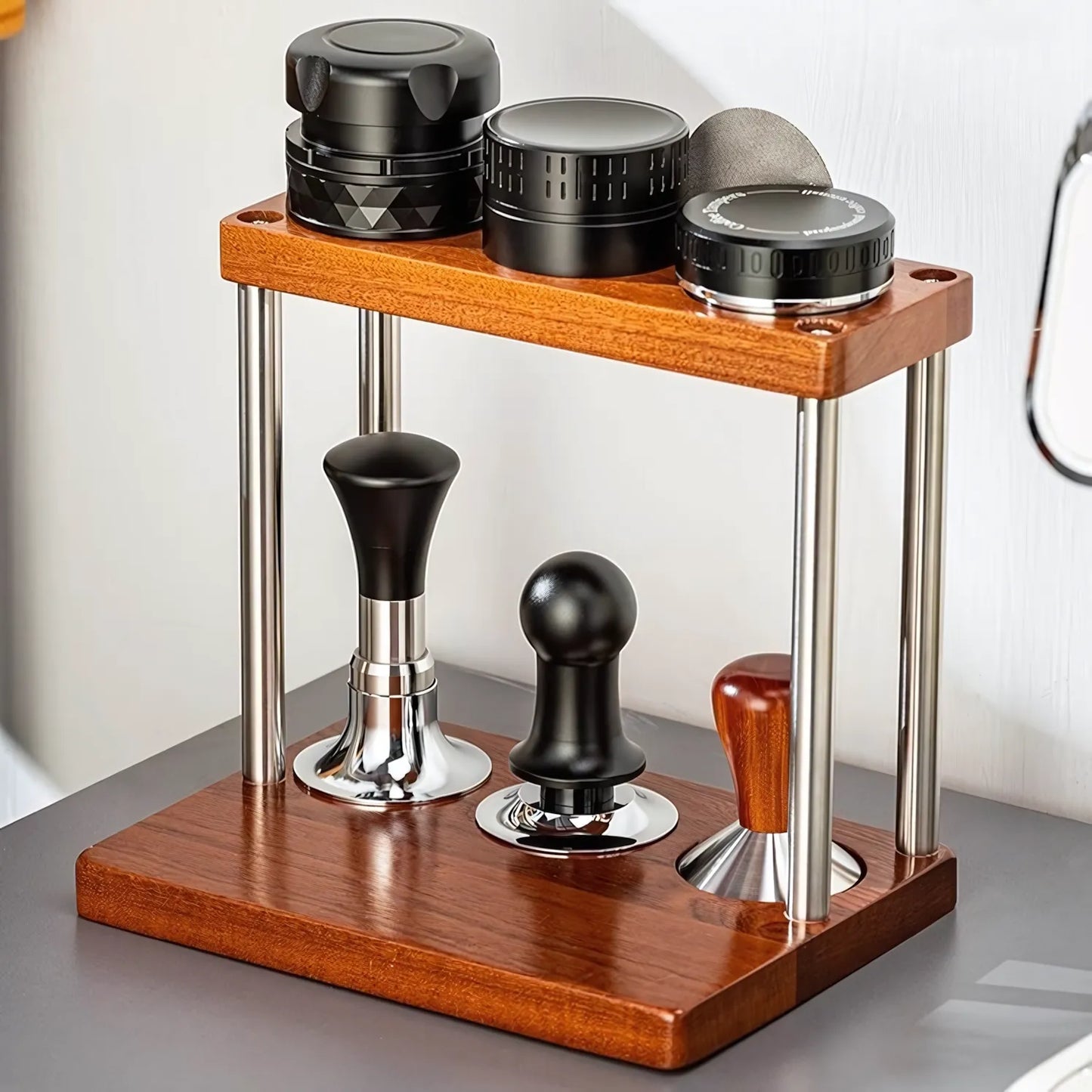 Dual Layer Espresso Rack – Sapele Wood Coffee Tool Organizer with 8 Slots