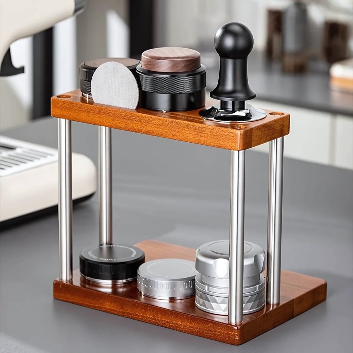 Dual Layer Espresso Rack – Sapele Wood Coffee Tool Organizer with 8 Slots