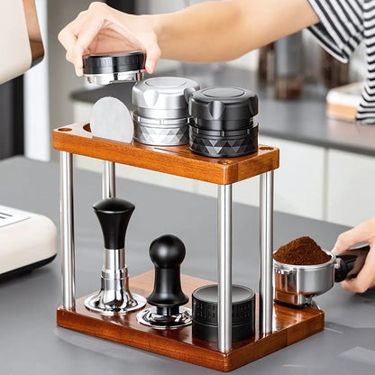 Dual Layer Espresso Rack – Sapele Wood Coffee Tool Organizer with 8 Slots