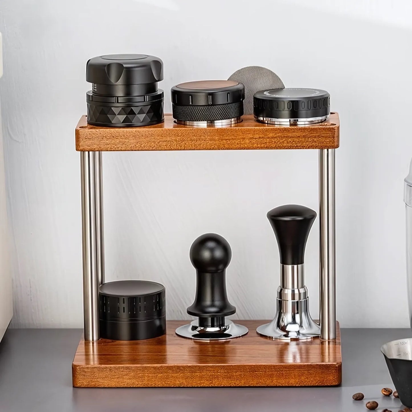 Dual Layer Espresso Rack – Sapele Wood Coffee Tool Organizer with 8 Slots