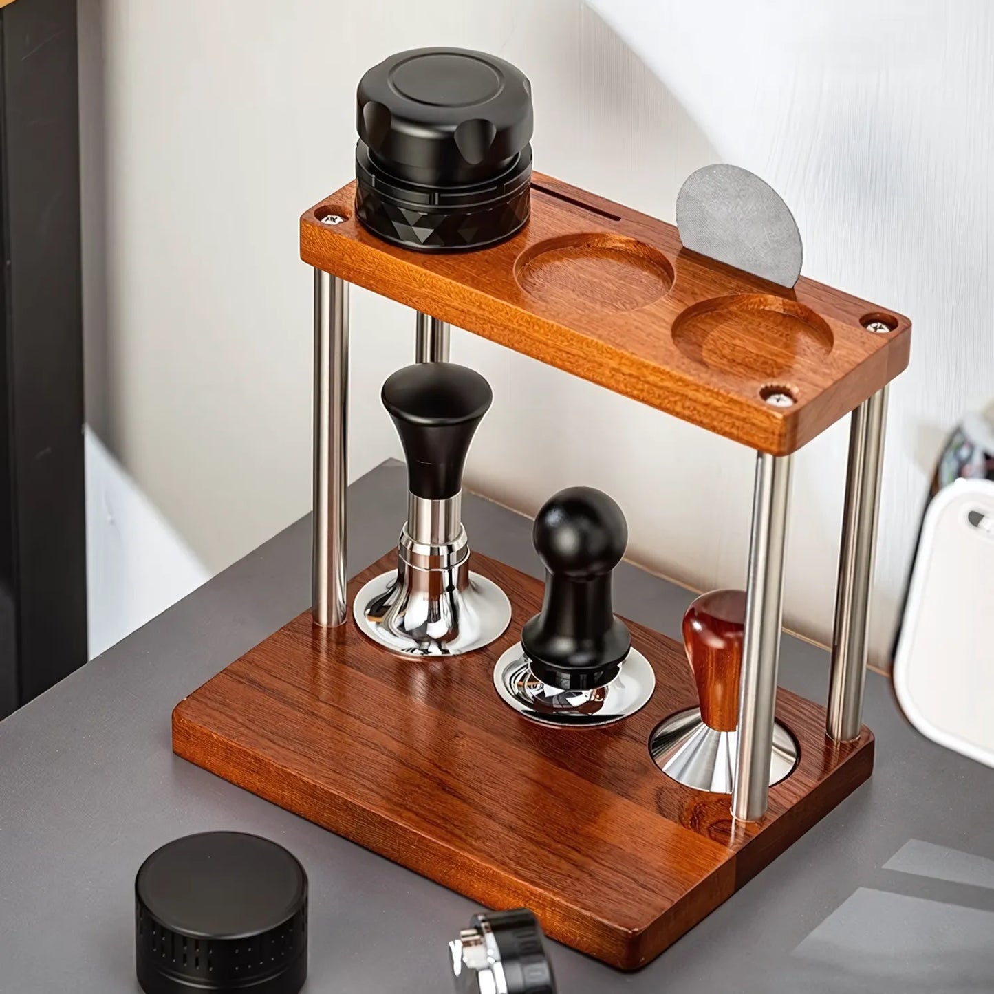 Dual Layer Espresso Rack – Sapele Wood Coffee Tool Organizer with 8 Slots