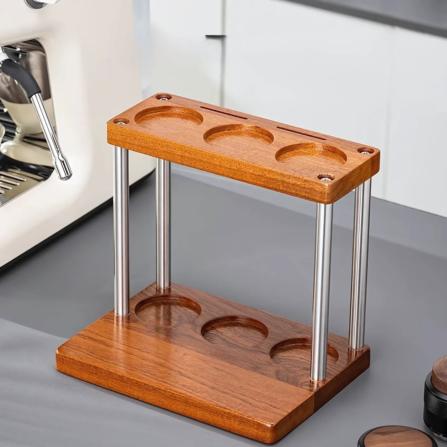 Dual Layer Espresso Rack – Sapele Wood Coffee Tool Organizer with 8 Slots