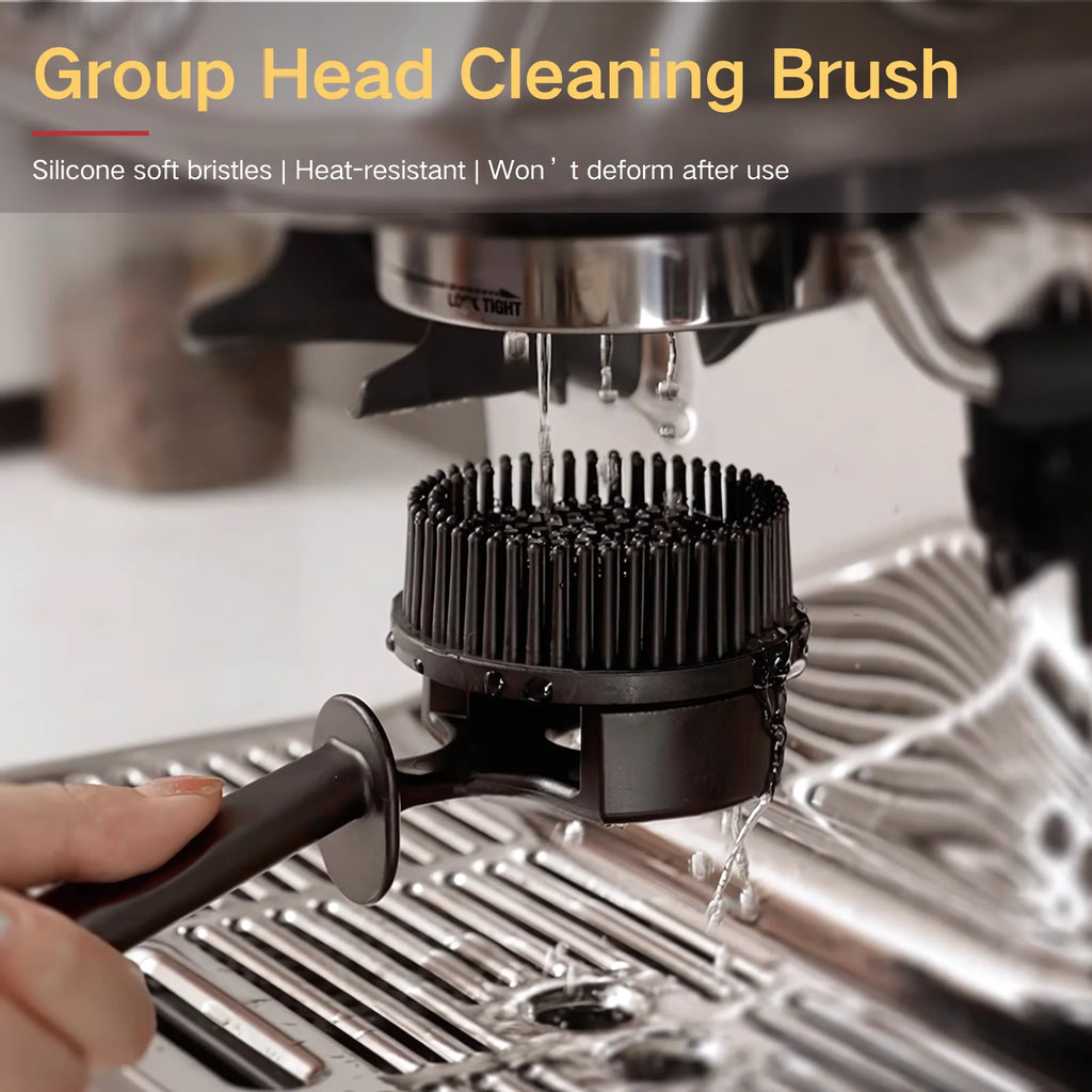 Espresso Group Head Cleaning Brush – Anti-Scald Design with Built-in Dosing Scoop
