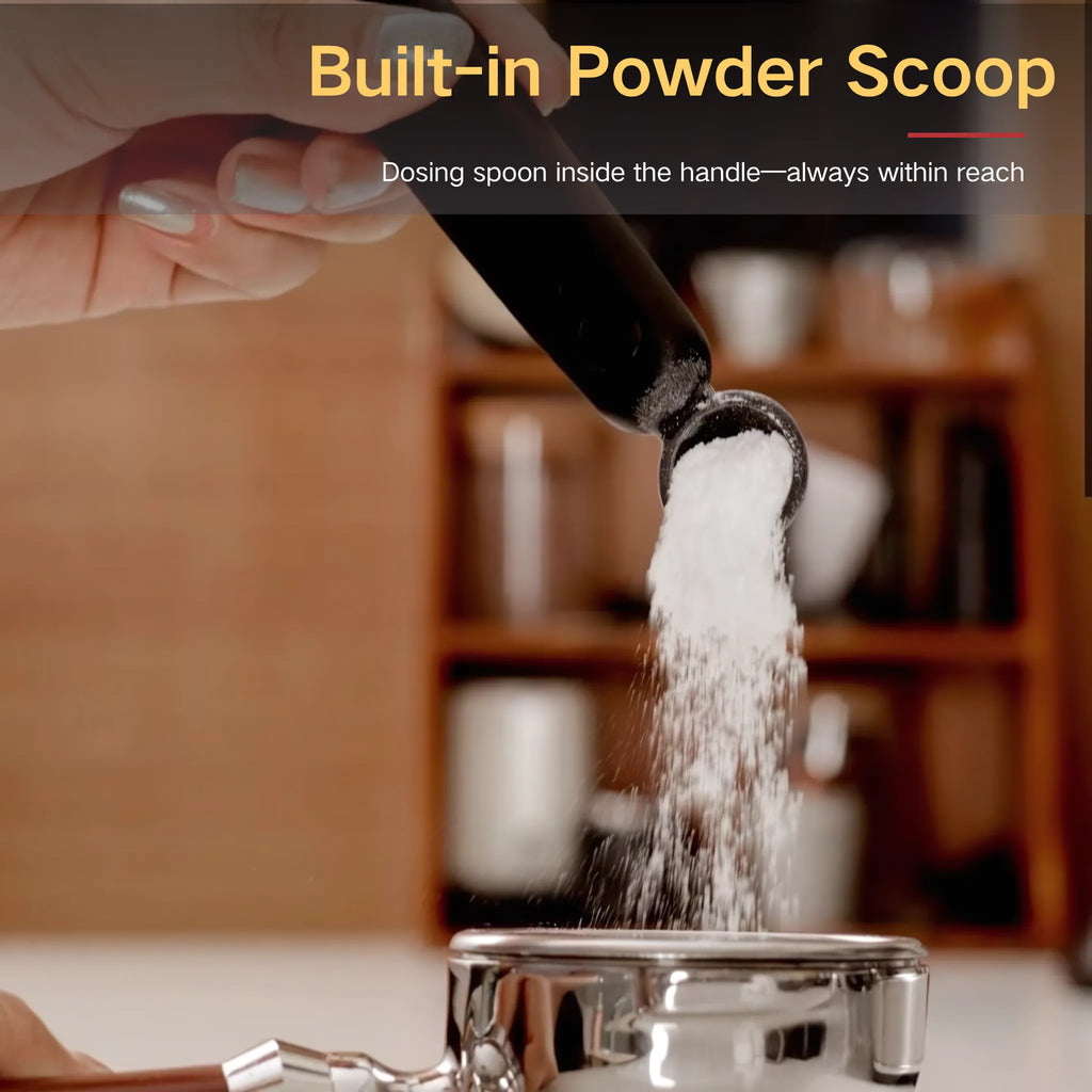 Espresso Group Head Cleaning Brush – Anti-Scald Design with Built-in Dosing Scoop