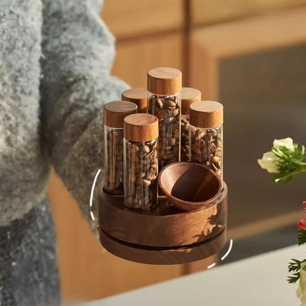 Rotating Coffee Bean Storage Tube Set – Walnut Wood Base with Glass Vials and Funnel