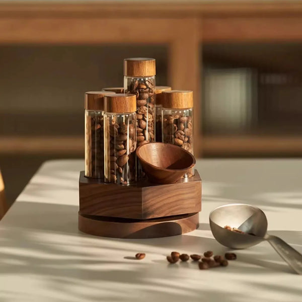 Rotating Coffee Bean Storage Tube Set – Walnut Wood Base with Glass Vials and Funnel