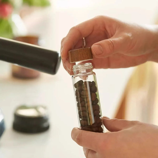 Rotating Coffee Bean Storage Tube Set – Walnut Wood Base with Glass Vials and Funnel