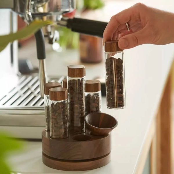 Rotating Coffee Bean Storage Tube Set – Walnut Wood Base with Glass Vials and Funnel