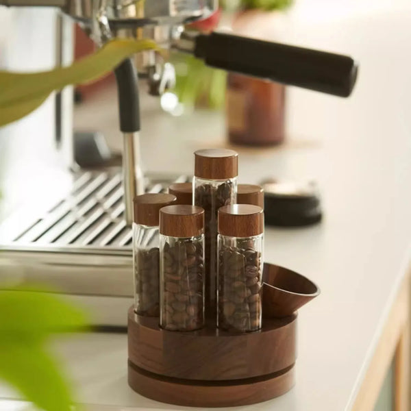 Rotating Coffee Bean Storage Tube Set – Walnut Wood Base with Glass Vials and Funnel