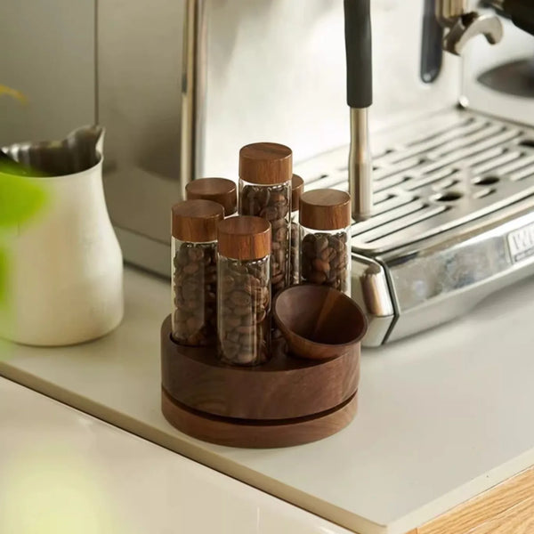 Rotating Coffee Bean Storage Tube Set – Walnut Wood Base with Glass Vials and Funnel