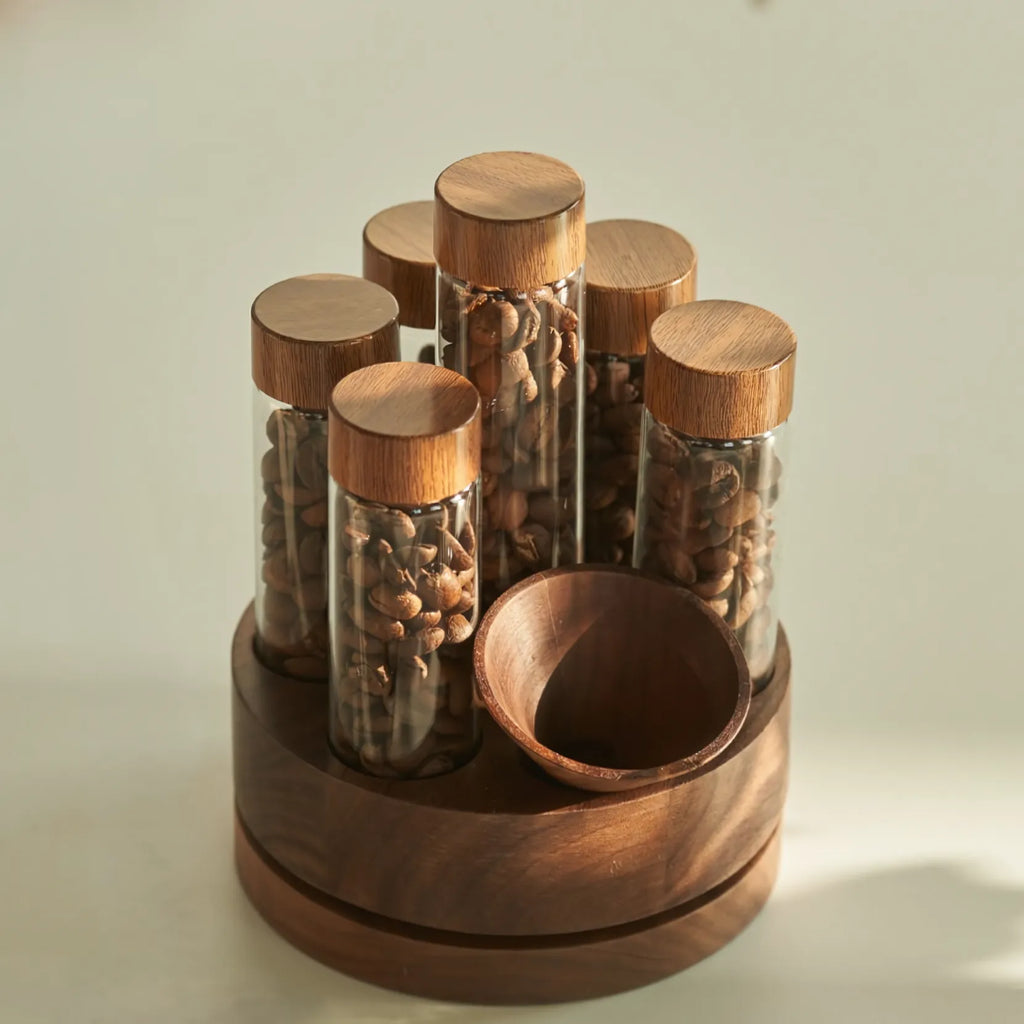 Rotating Coffee Bean Storage Tube Set – Walnut Wood Base with Glass Vials and Funnel