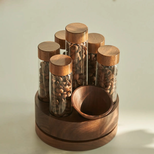 Rotating Coffee Bean Storage Tube Set – Walnut Wood Base with Glass Vials and Funnel