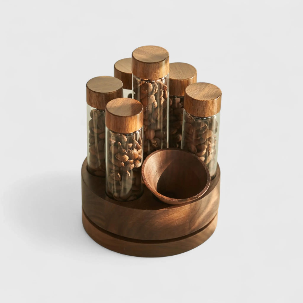Rotating Coffee Bean Storage Tube Set – Walnut Wood Base with Glass Vials and Funnel