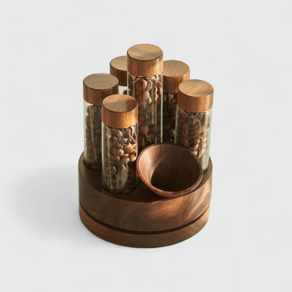 Rotating Coffee Bean Storage Tube Set – Walnut Wood Base with Glass Vials and Funnel