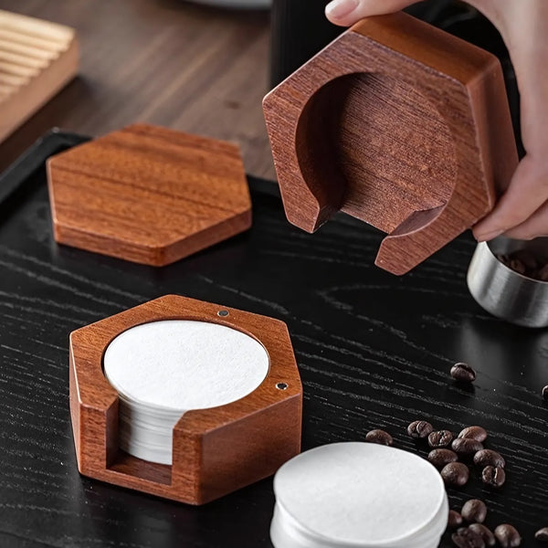 Sapele Wood Coffee Filter Paper Storage Box – Magnetic Lid with Anti-Slip Base