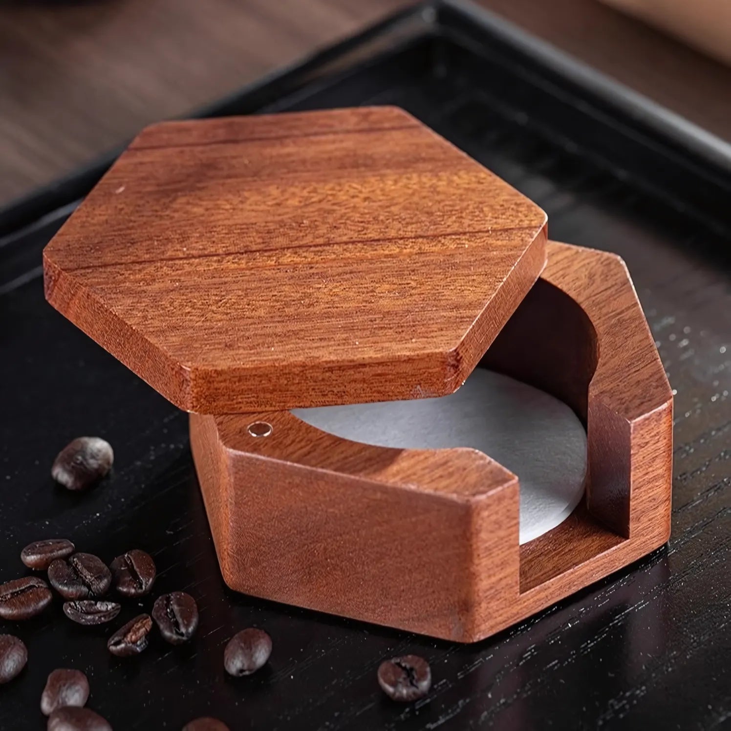 Sapele Wood Coffee Filter Paper Storage Box – Magnetic Lid with Anti-Slip Base