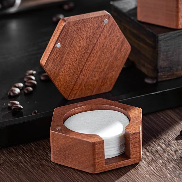 Sapele Wood Coffee Filter Paper Storage Box – Magnetic Lid with Anti-Slip Base
