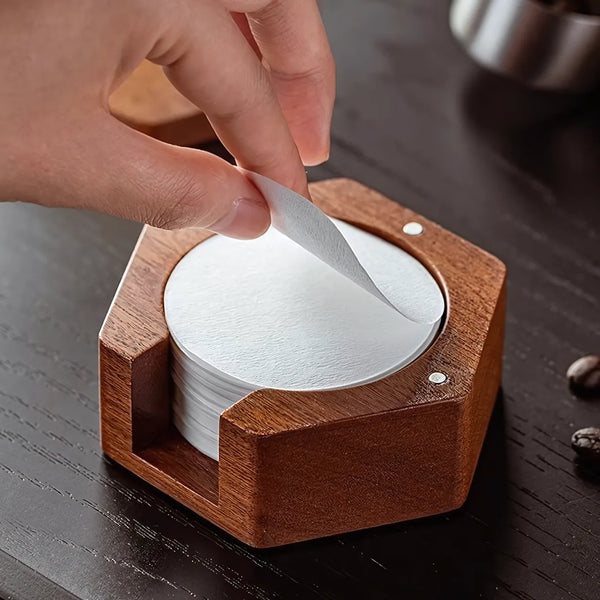 Sapele Wood Coffee Filter Paper Storage Box – Magnetic Lid with Anti-Slip Base