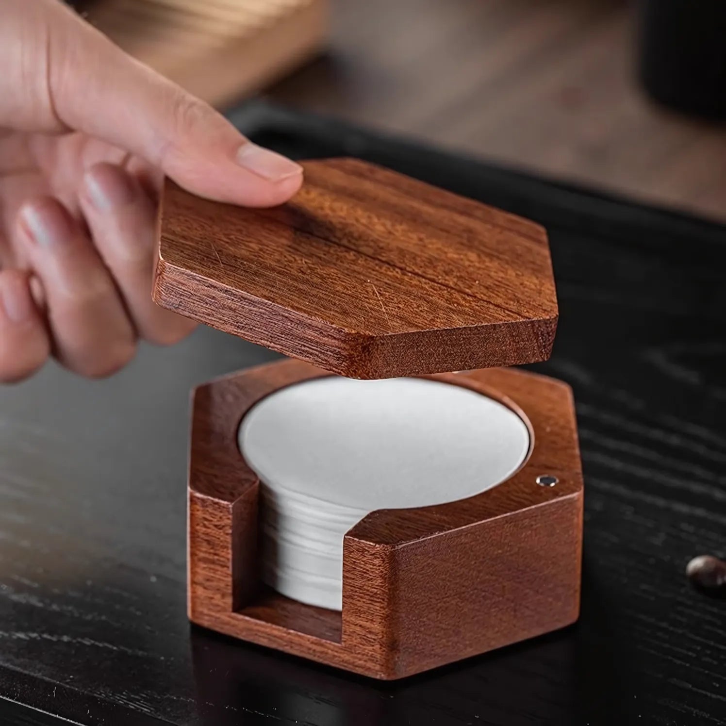 Sapele Wood Coffee Filter Paper Storage Box – Magnetic Lid with Anti-Slip Base