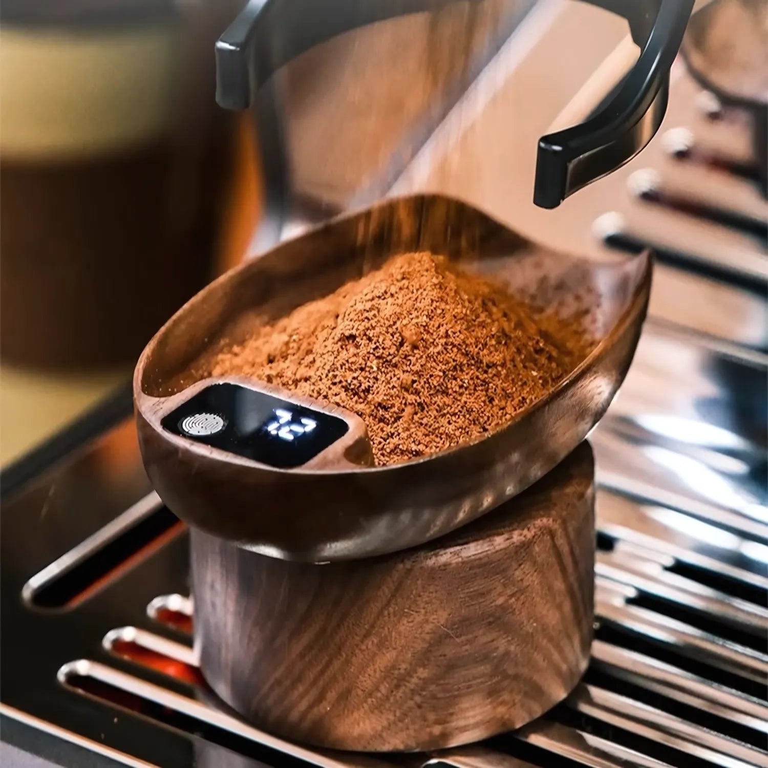 Smart 2-in-1 Coffee Bean Tray Scale – Walnut Fingerprint Touch Digital Weighing Tool