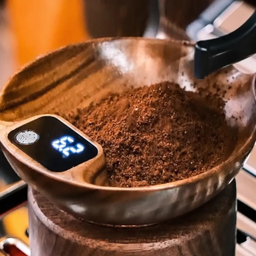 Smart 2-in-1 Coffee Bean Tray Scale – Walnut Fingerprint Touch Digital Weighing Tool