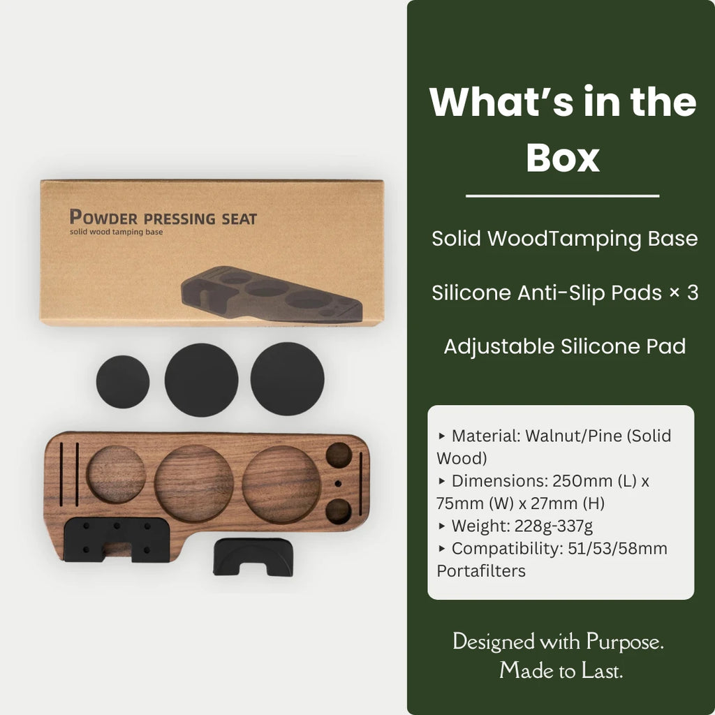 Wooden powder pressing seat with packaging and specifications on a white background