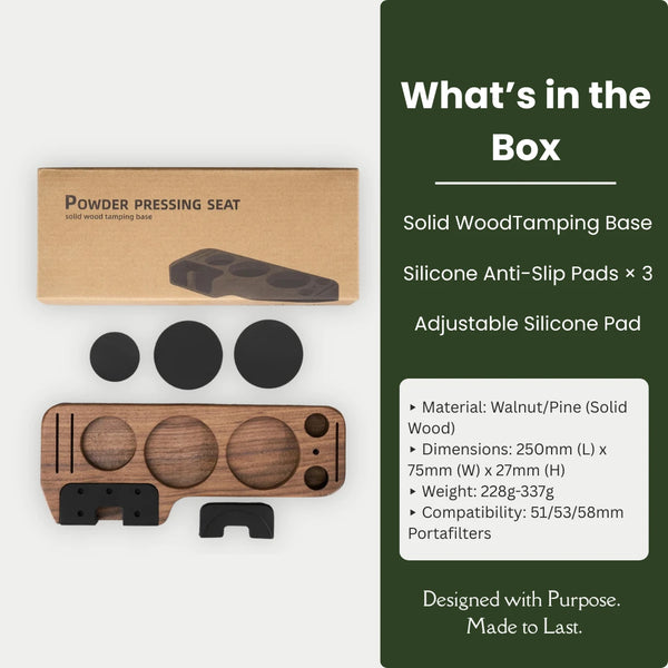 Wooden powder pressing seat with packaging and specifications on a white background
